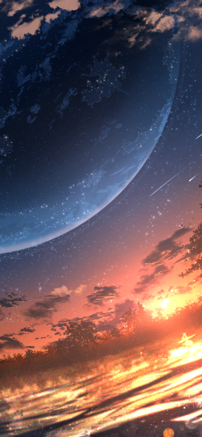 Anime Sunset, Planet, Starry Sky, 1170x2532