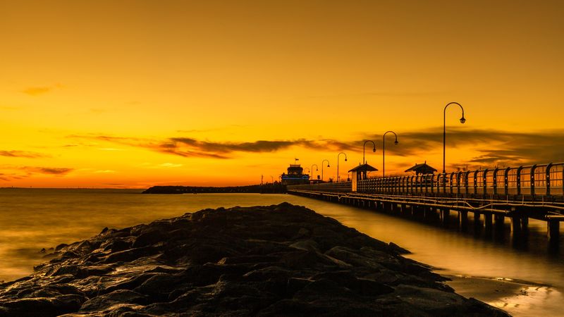 bridge, lights, rocks, sunset, 4k