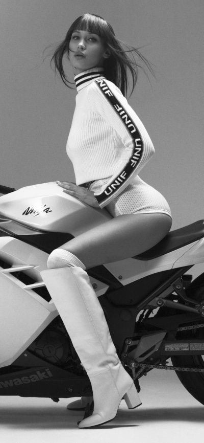 Celebrity Bella Hadid, Monochrome, Boots, Kawasaki Ninja, 1125x2436