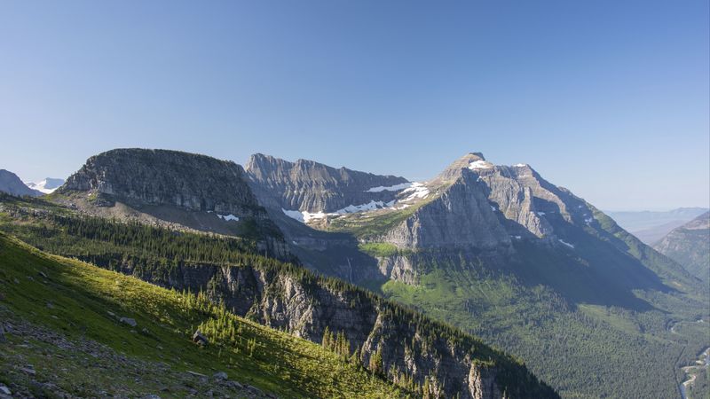 mountain, rocks, slope, trees, sky, 4k