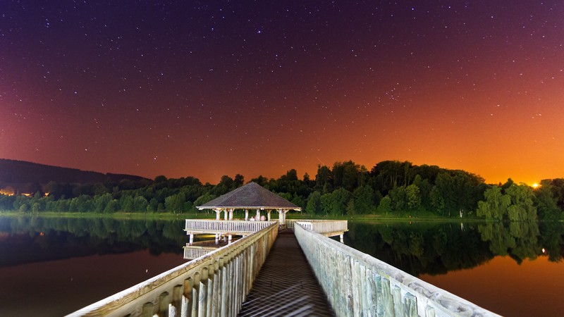 Night, 4k, sky, stars, pier, lake
