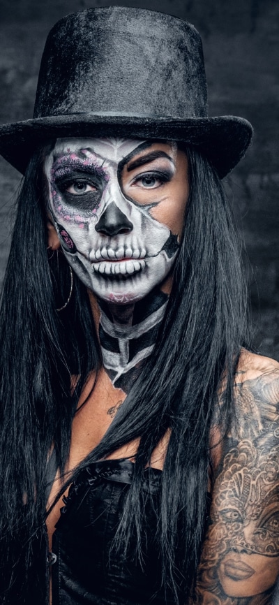 Women Tattoo, Makeup, Sugar Skull, Hat, Blue Eyes, Black Hair, 1125x2436