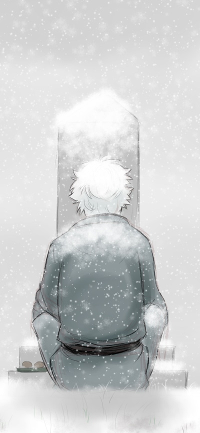 Anime Gintama, Snow, Gintoki Sakata, Winter, Grave, White Hair, 1125x2436