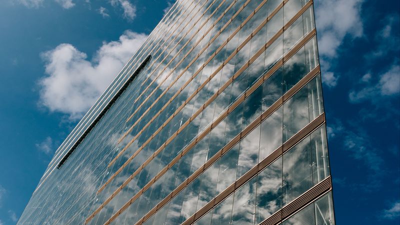 building, bottom view, minimalism, reflection, 4k