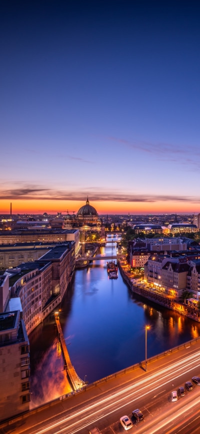 Man Made Berlin, Germany, City, Night, River, Building, 1125x2436