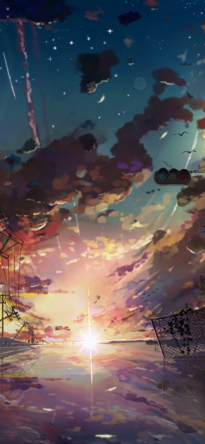 Anime Sunset, Telephone Pole, Long Hair, Railroad, Brown Hair, 1125x2436