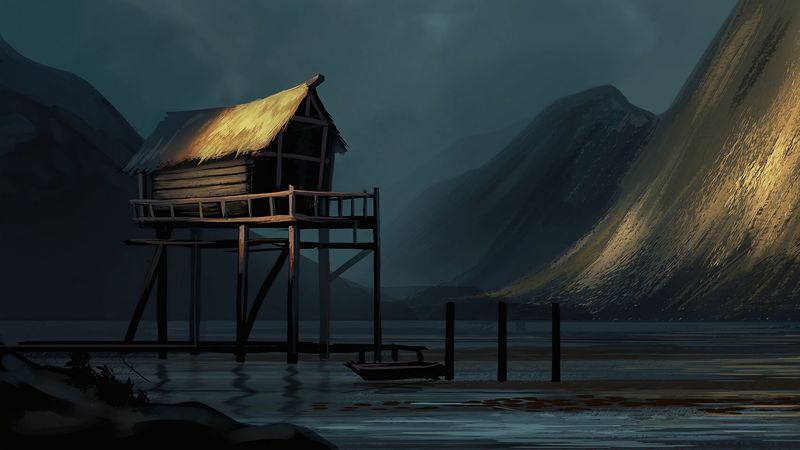 hut, water, slope, art, 4k