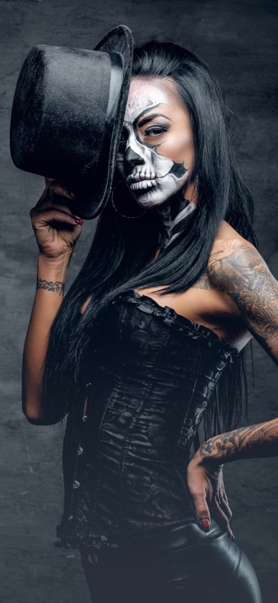Women Tattoo, Model, Brunette, Hat, Sugar Skull, 1125x2436