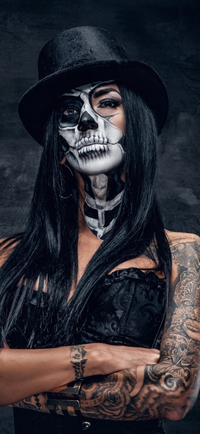 Women Tattoo, Sugar Skull, Hat, Blue Eyes, 1125x2436