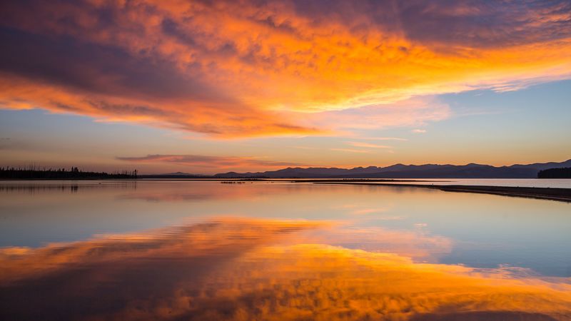 horizon, sunset, clouds, reflection, 4k