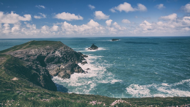 Cornwall, 4K, England, coastline, rocks, sky, clouds