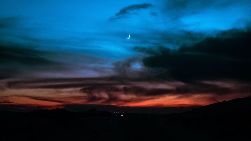 evening, month, sunset, dark, 4k
