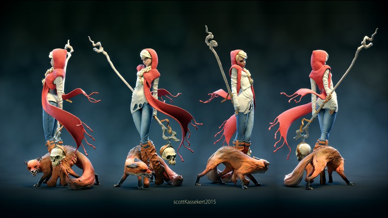 girl, fox, 3d