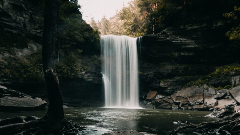 waterfall, stones, landscape, dark, 4k