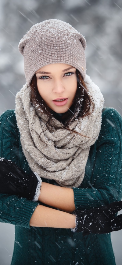 Women Angelina Petrova, Scarf, Snowfall, Model, Hat, 1125x2436
