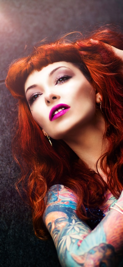 Women Tattoo, Redhead, Lipstick, Brown Eyes, Model, 1125x2436