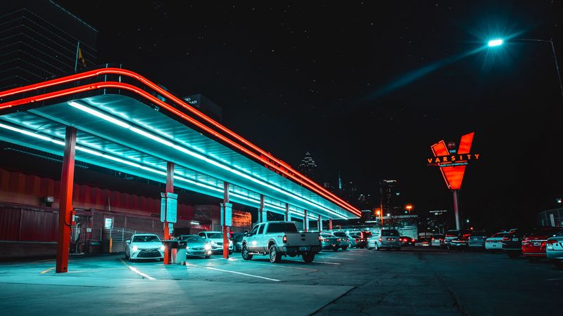 cars, parking, backlight, neon, night, 4k