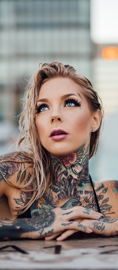 Women Tattoo, Blonde, Blue Eyes, Model, 1080x2460