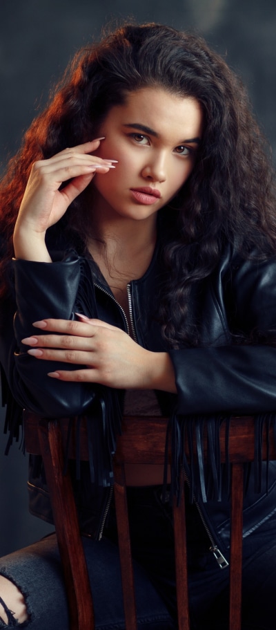 Women Model, Black Hair, Leather Jacket, 1080x2460