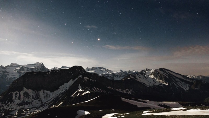 mountains, 4k, snow, stars