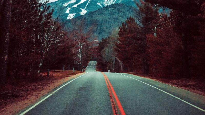road, mountains, trees, nature, landscape, 4k