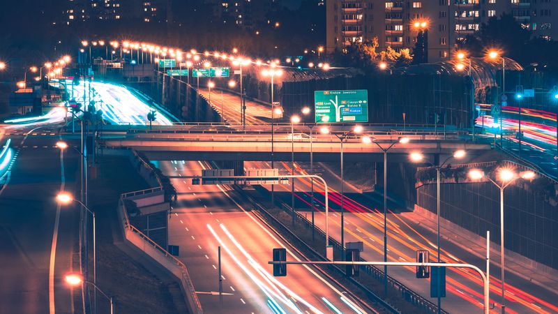 night city, road, aerial view, lights, 4k