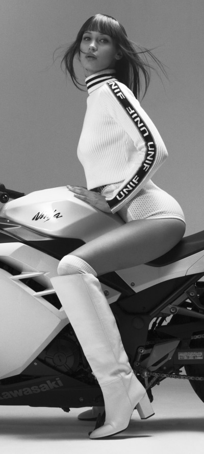 Celebrity Bella Hadid, Boots, Kawasaki Ninja, Monochrome, 1080x2400