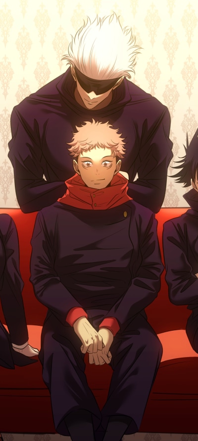 Anime Jujutsu Kaisen, Yuji Itadori, Satoru Gojo, 1080x2400