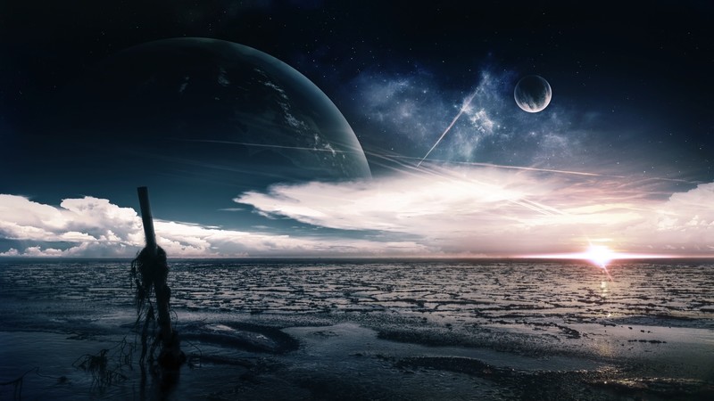 Sea, 4K, ocean, night, moon, clouds, planet