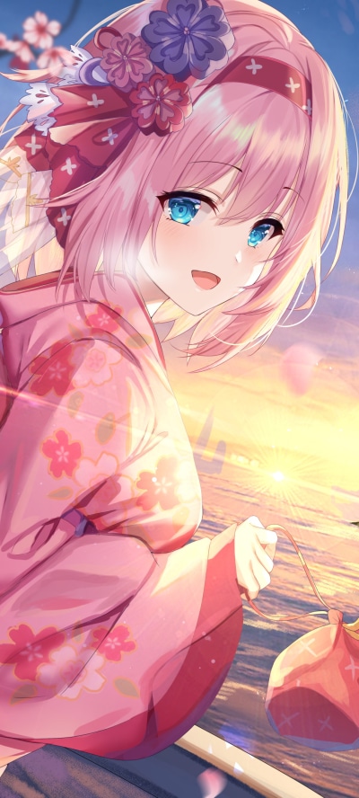 Anime Princess Connect! Re:Dive, Aqua Eyes, Japanese Clothes, Short Hair, Pink Hair, Kimono, 1080x2400