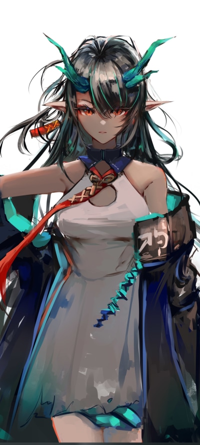 Video Game Arknights, Long Hair, Pointed Ears, Black Hair, Horns, Dusk (Arknights), 1080x2400