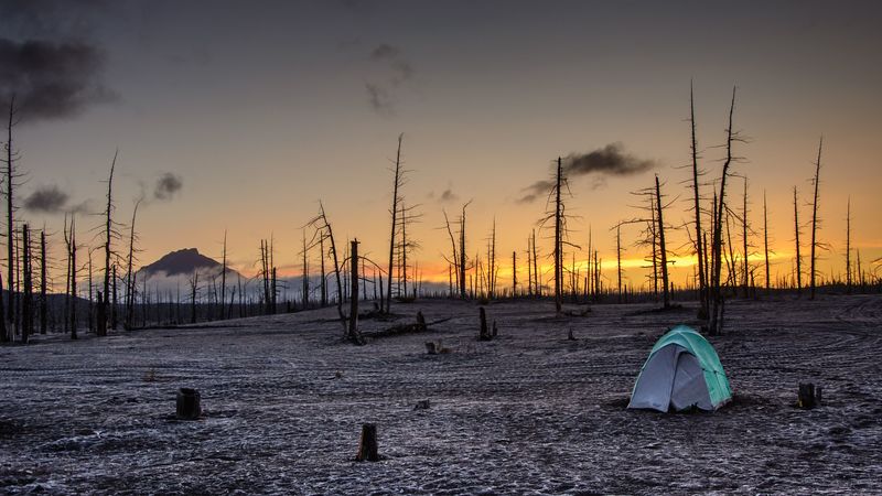 sunset, tent, horizon, 4k