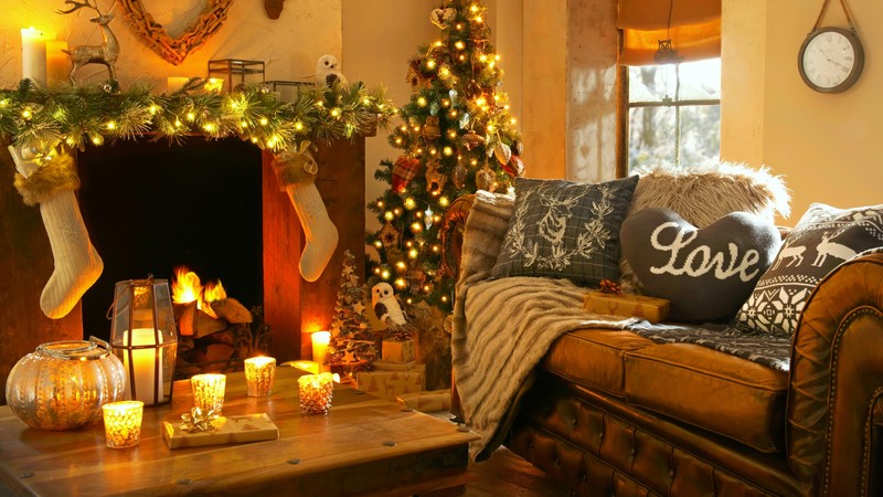 Christmas, new year, home, light, fire, candles, pillows,