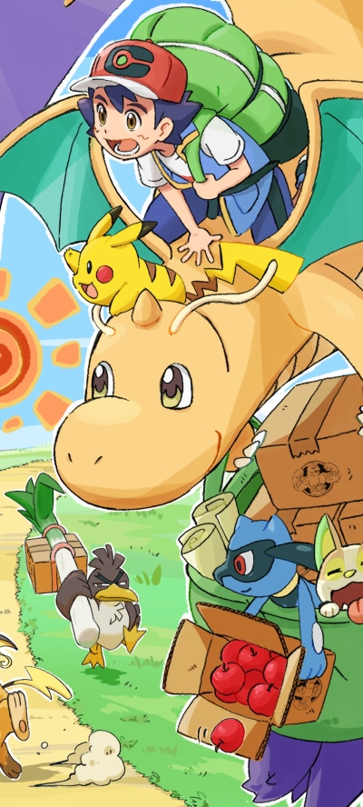Anime Pokémon, Dragonite (Pokémon), Farfetchd (Pokémon), Raichu (Pokémon), Ash Ketchum, Pikachu, 1080x2400
