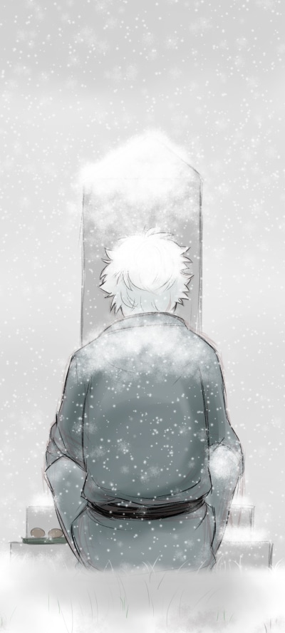 Anime Gintama, Winter, Gintoki Sakata, Snow, Grave, White Hair, 1080x2400