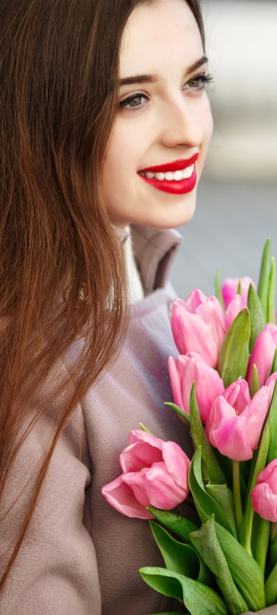 Women Model, Brunette, Flower, Lipstick, Long Hair, Pink Flower, 1080x2400