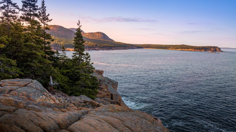stones, hills, trees, sea, shore, 4k