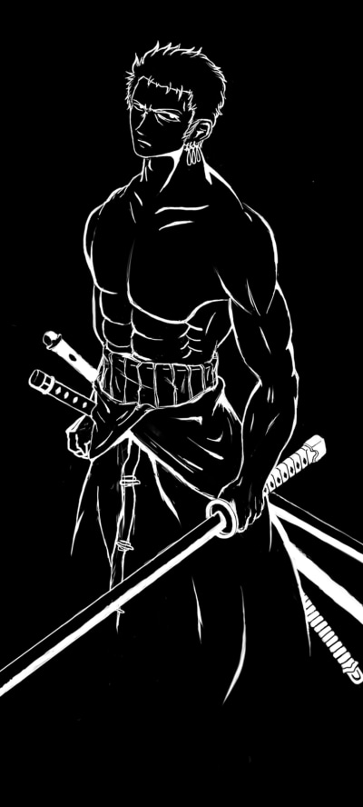 Anime One Piece, Roronoa Zoro, Black and White, 1080x2400