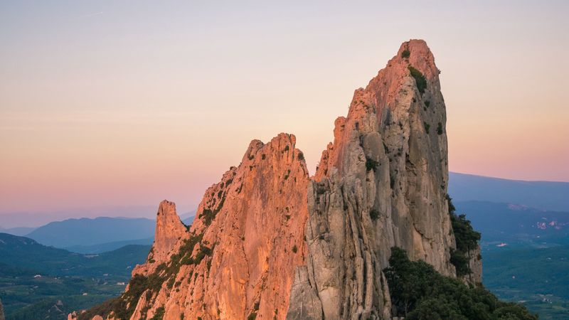 rocks, peak, relief, trees, sky, 4k