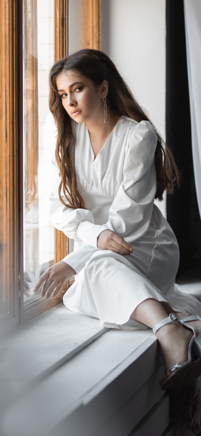 Women Model, Brunette, Long Hair, White Dress, 1080x2340
