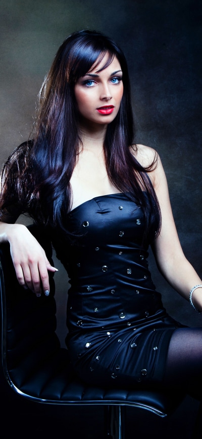 Women Model, Lipstick, Black Hair, Blue Eyes, Black Dress, 1080x2340
