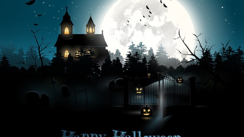 Halloween, moon, cemetery, night, pumpkin