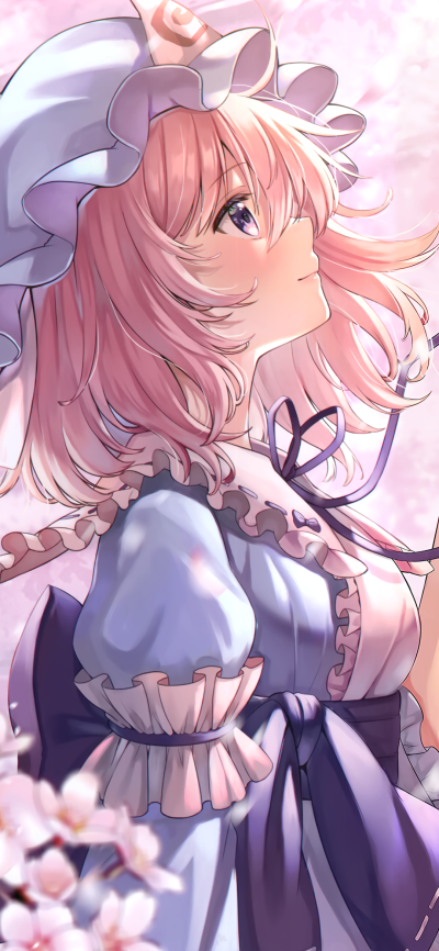 Anime Touhou, Purple Eyes, Pink Hair, Hat, Yuyuko Saigyouji, 1080x2340