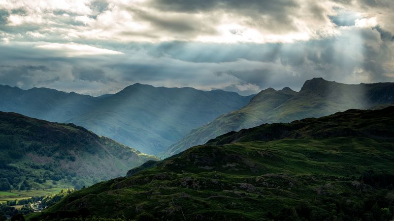 mountains, peaks, rays, relief, 4k