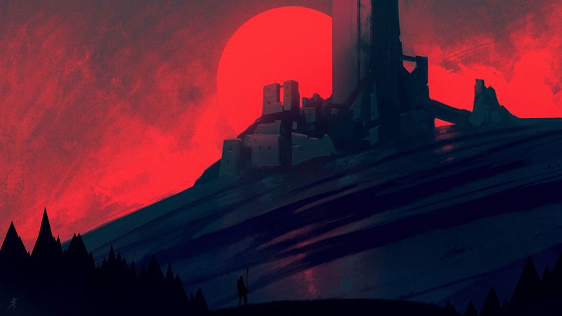 lonely, red, silhouette, sun, 4k