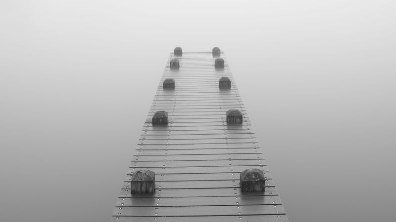 pier, fog, bw, gray, 4k