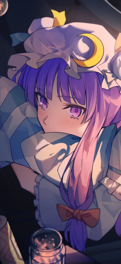 Anime Touhou, Patchouli Knowledge, Purple Hair, Long Hair, Purple Eyes, 1080x2340
