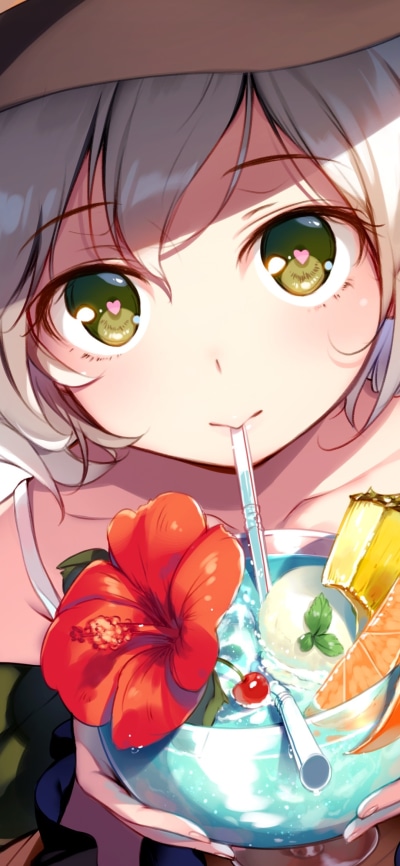Anime Touhou, Koishi Komeiji, Short Hair, Drink, Green Eyes, White Hair, 1080x2340