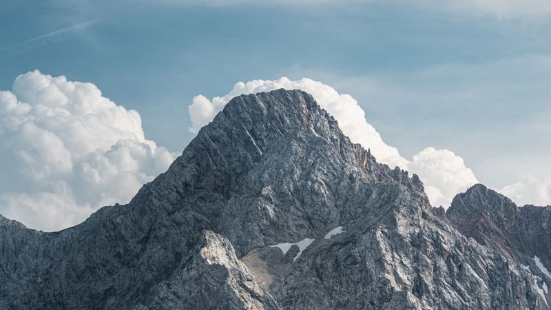 mountain, peak, clouds, gray, 4k