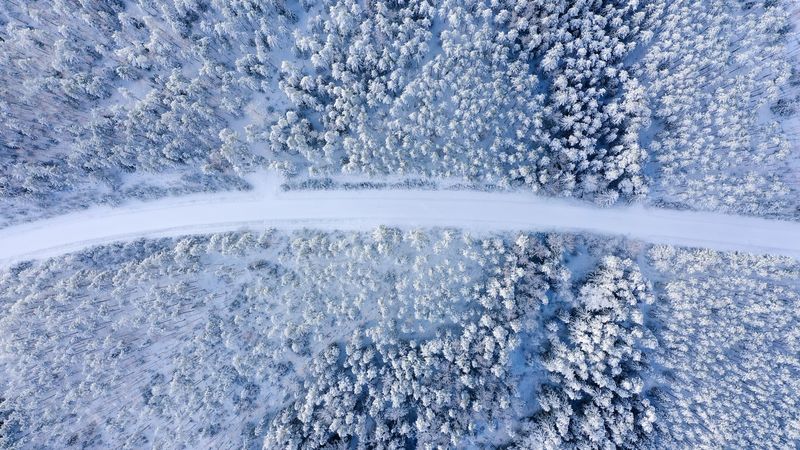 road, forest, aerial view, snow, winter, 4k